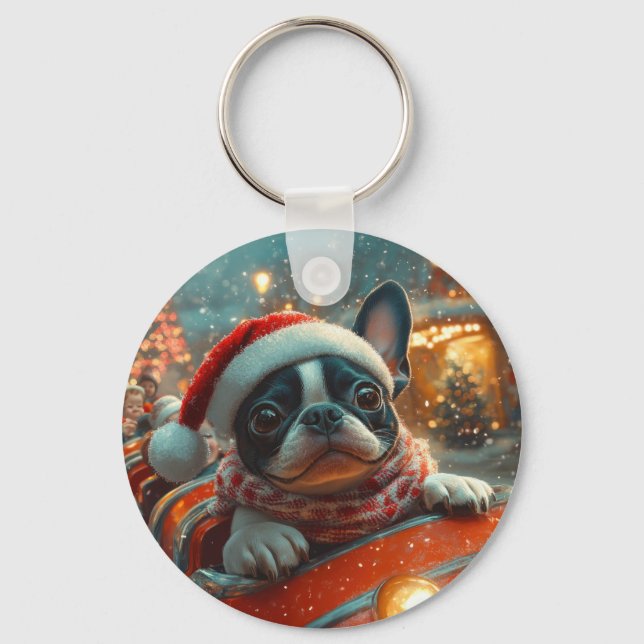Boston Terrier Dog Roller Coaster Christmas Key Ring (Front)