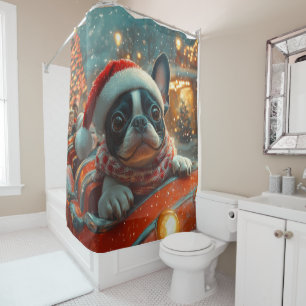 Boston Terrier Dog Roller Coaster Christmas Shower Curtain