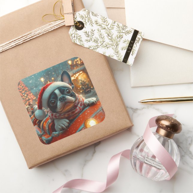 Boston Terrier Dog Roller Coaster Christmas Square Sticker (Gifting)