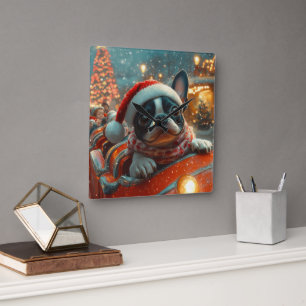 Boston Terrier Dog Roller Coaster Christmas Square Wall Clock