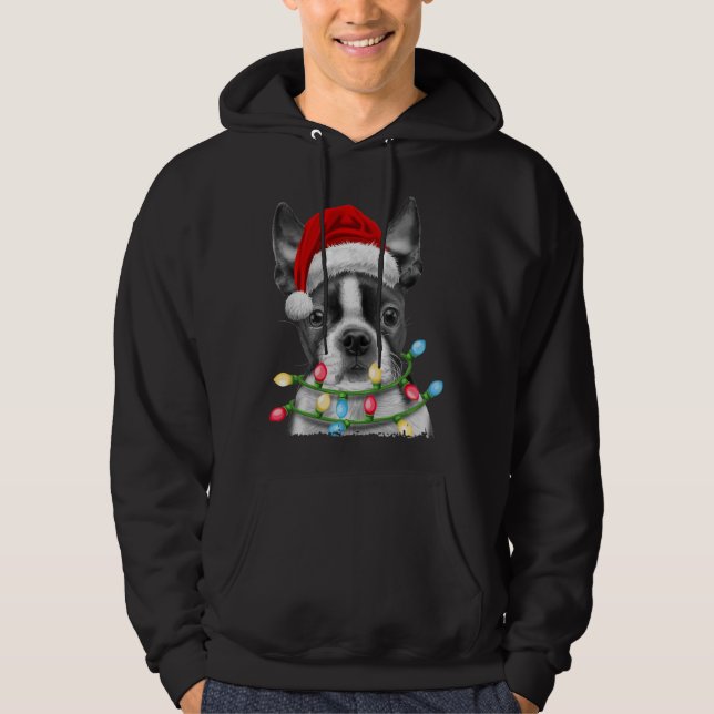 Boston Terrier Dog Santa Christmas Tree Lights Xma Hoodie (Front)