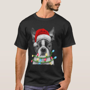 Boston Terrier Dog Santa Christmas Tree Lights Xma T-Shirt
