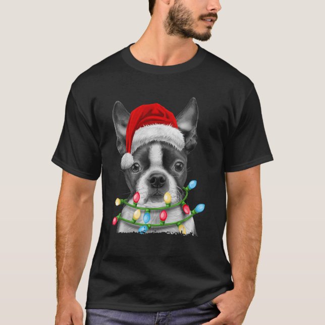 Boston Terrier Dog Santa Christmas Tree Lights Xma T-Shirt (Front)
