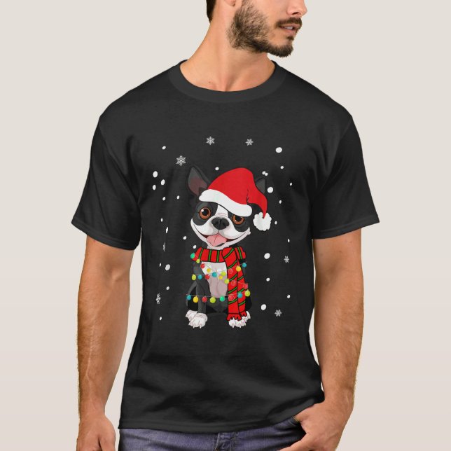 Boston Terrier Dog Santa Hat Christmas Dog Light T T-Shirt (Front)