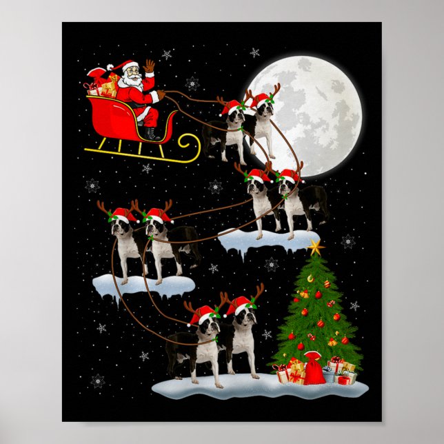 Boston Terrier Dog Santa Sleigh Flying Funny Chris Poster (Front)