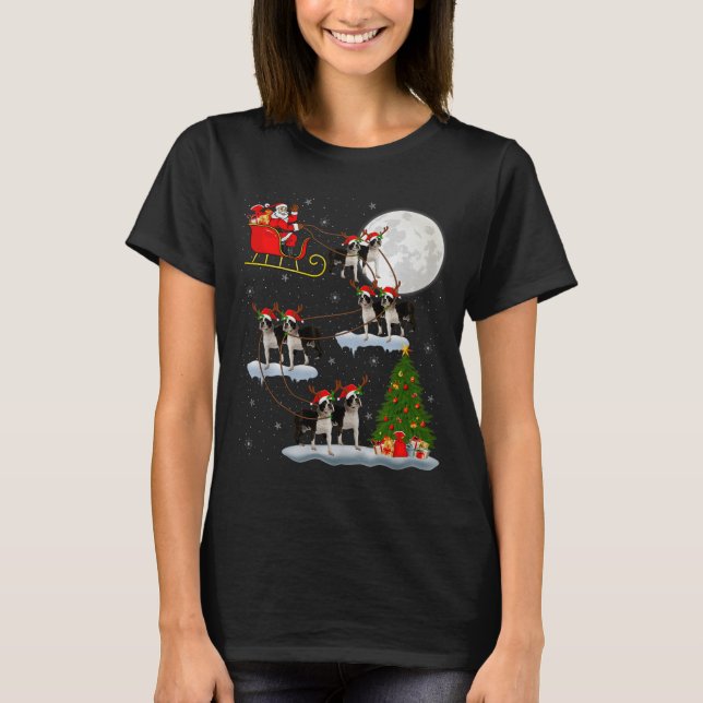 Boston Terrier Dog Santa Sleigh Flying Funny Chris T-Shirt (Front)
