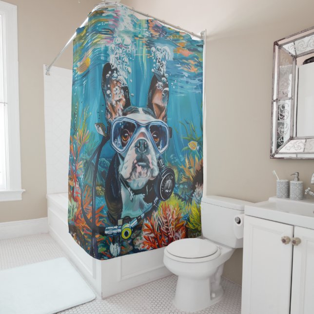 Boston Terrier Dog Scuba Diving Underwater Shower Curtain (In Situ)