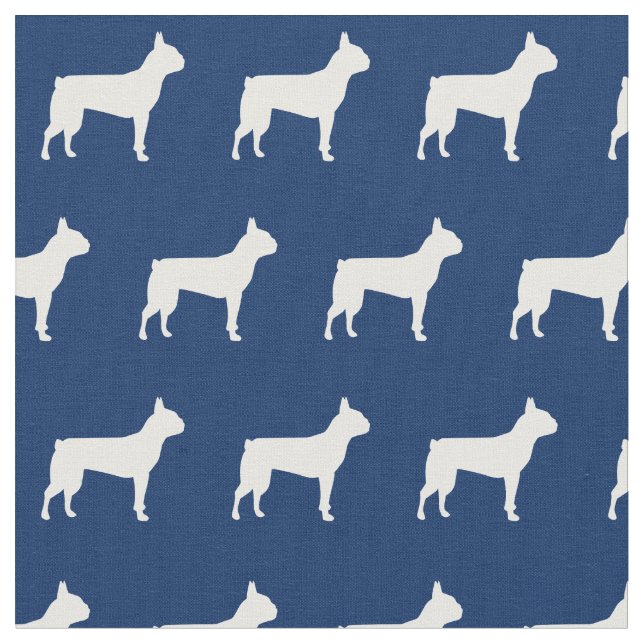 Boston Terrier Dog Silhouette Pet Navy Blue Fabric (Close Up)