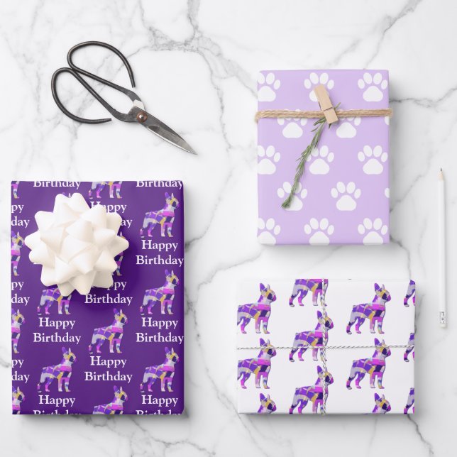 Boston Terrier Dog Silhouette Purple Happy Bday Wrapping Paper Sheet (Front)
