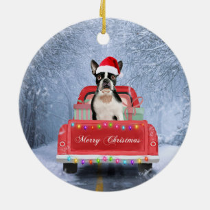 Boston Terrier Dog Snow sitting in Christmas Truck Ceramic Tree Decoration