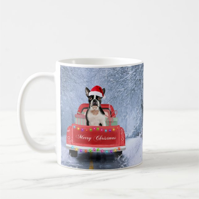 Boston Terrier Dog Snow sitting in Christmas Truck Coffee Mug (Left)