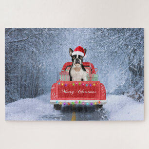 Boston Terrier Dog Snow sitting in Christmas Truck Jigsaw Puzzle