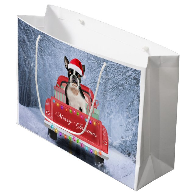 Boston Terrier Dog Snow sitting in Christmas Truck Large Gift Bag (Front Angled)