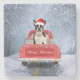 Boston Terrier Dog Snow sitting in Christmas Truck Stone Coaster