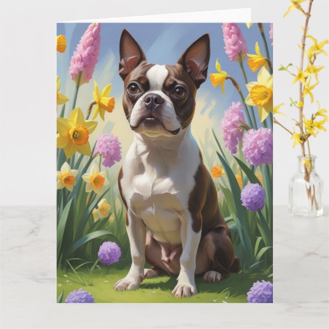 Boston Terrier Dog Spring Flowers Painting Card (Yellow Flower)
