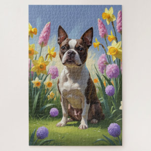 Boston Terrier Dog Spring Flowers Painting Jigsaw Puzzle