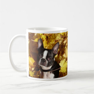 Boston Terrier Dog Surrounded by Autumn Leaves Mug