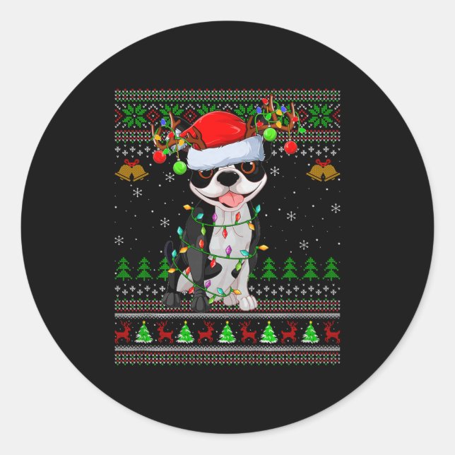 Boston Terrier Dog Ugly Christmas Sweater Holiday  Classic Round Sticker (Front)