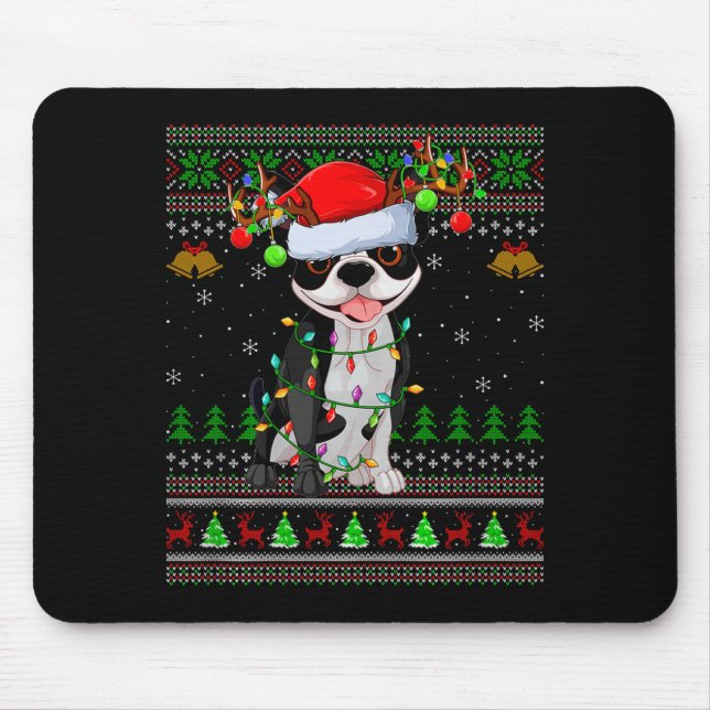 Boston Terrier Dog Ugly Christmas Sweater Holiday  Mouse Mat (Front)