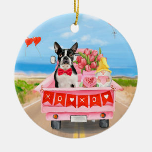 Boston Terrier Dog Valentine's Day Truck Hearts Ceramic Tree Decoration