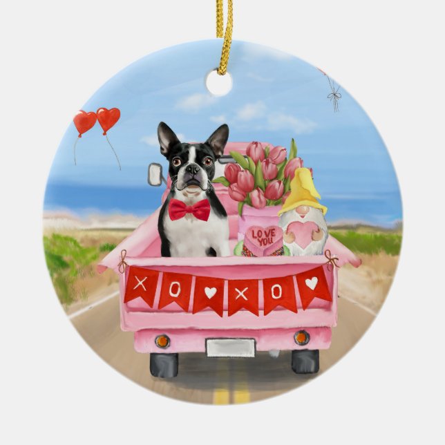 Boston Terrier Dog Valentine's Day Truck Hearts Ceramic Tree Decoration (Front)