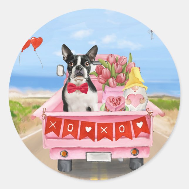 Boston Terrier Dog Valentine's Day Truck Hearts Classic Round Sticker (Front)