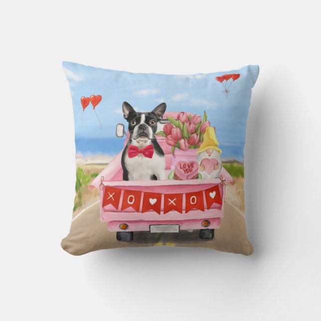 Boston Terrier Dog Valentine's Day Truck Hearts  Cushion (Front)