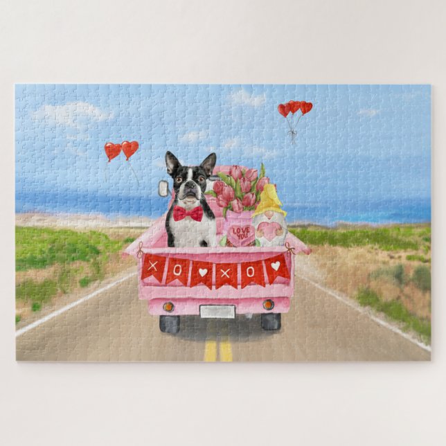 Boston Terrier Dog Valentine's Day Truck Hearts Jigsaw Puzzle (Horizontal)