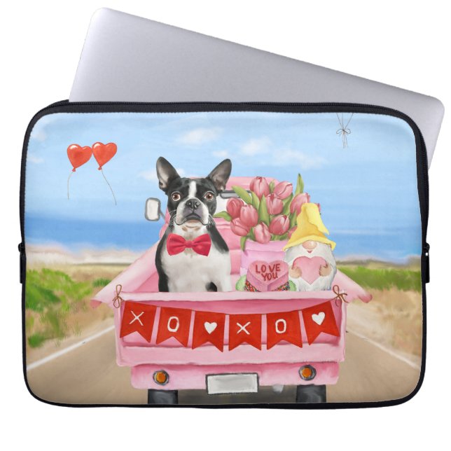 Boston Terrier Dog Valentine's Day Truck Hearts Laptop Sleeve (Front)