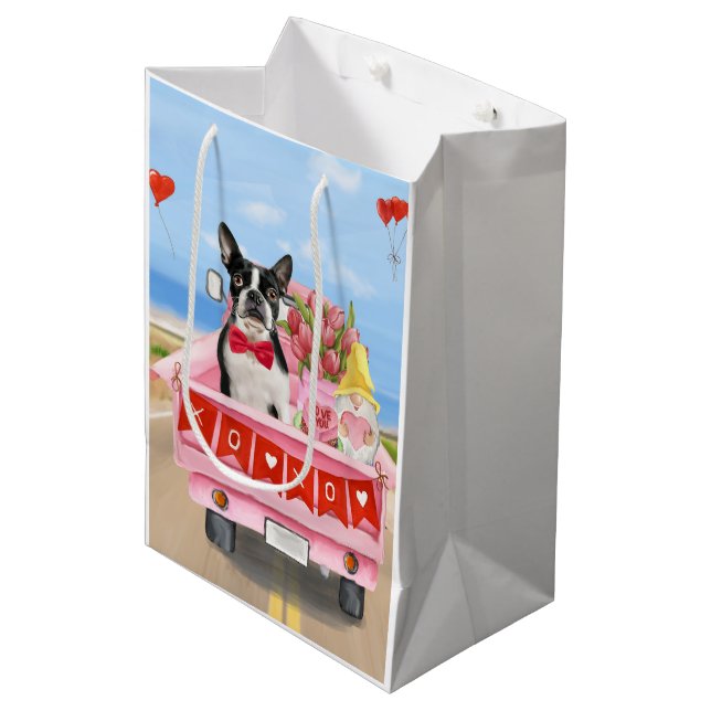 Boston Terrier Dog Valentine's Day Truck Hearts Medium Gift Bag (Front Angled)