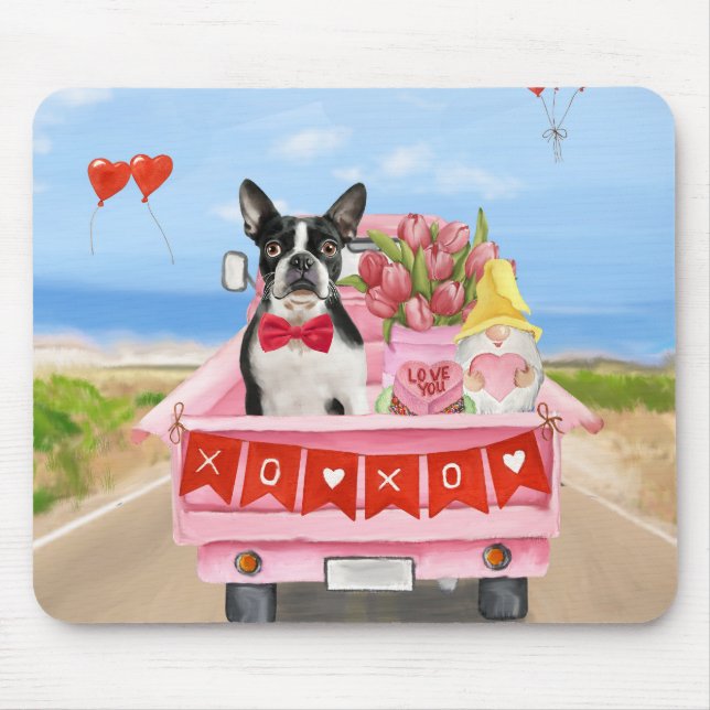 Boston Terrier Dog Valentine's Day Truck Hearts Mouse Mat (Front)