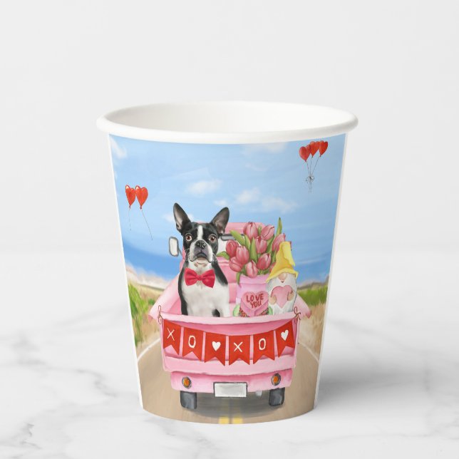 Boston Terrier Dog Valentine's Day Truck Hearts Paper Cups (Front)