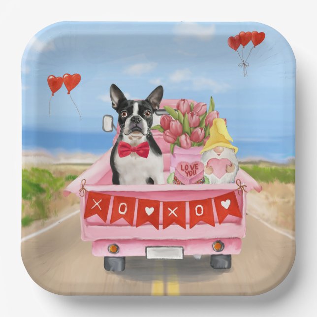 Boston Terrier Dog Valentine's Day Truck Hearts Paper Plate (Front)