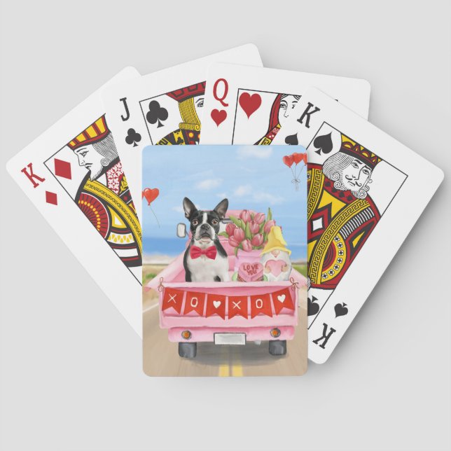 Boston Terrier Dog Valentine's Day Truck Hearts Playing Cards (Back)