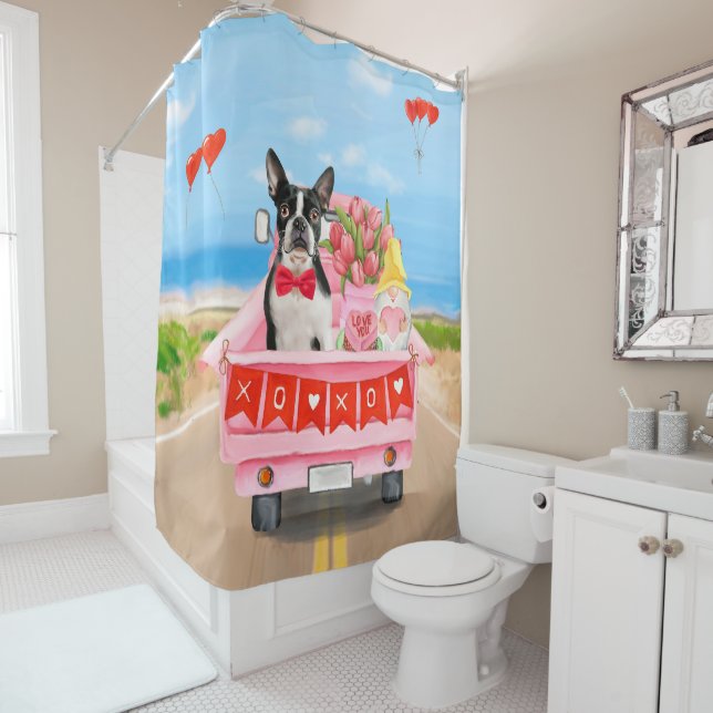 Boston Terrier Dog Valentine's Day Truck Hearts Shower Curtain (In Situ)