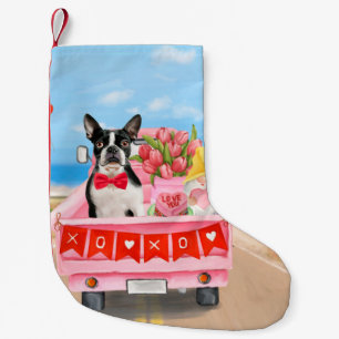 Boston Terrier Dog Valentine's Day Truck Hearts Small Christmas Stocking