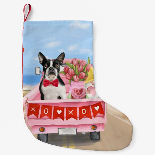 Boston Terrier Dog Valentine's Day Truck Hearts Small Christmas Stocking (Front)