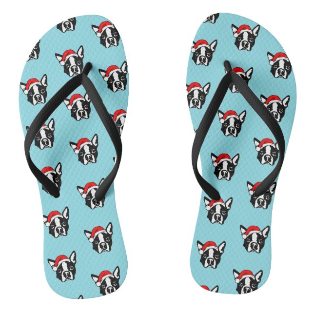 Boston Terrier Dog W Christmas Santa Hat Pattern Flip Flops (Footbed)