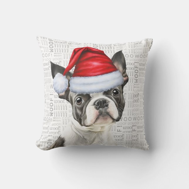 Boston Terrier Dog Watercolor Christmas Cushion (Front)