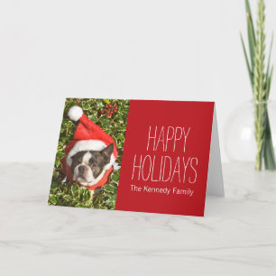 Boston Terrier dog wearing a Christmas wreath Holiday Card