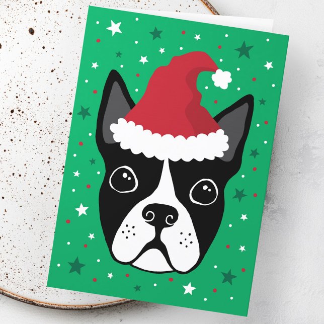 Boston terrier dog wearing Santa hat Christmas Card (Boston terrier dog wearing Santa hat Christmas Card)