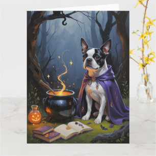 Boston Terrier Dog Whimsical Halloween Painting Card