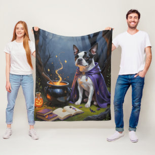 Boston Terrier Dog Whimsical Halloween Painting Fleece Blanket