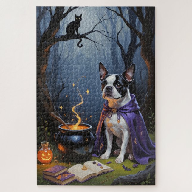 Boston Terrier Dog Whimsical Halloween Painting Jigsaw Puzzle (Vertical)