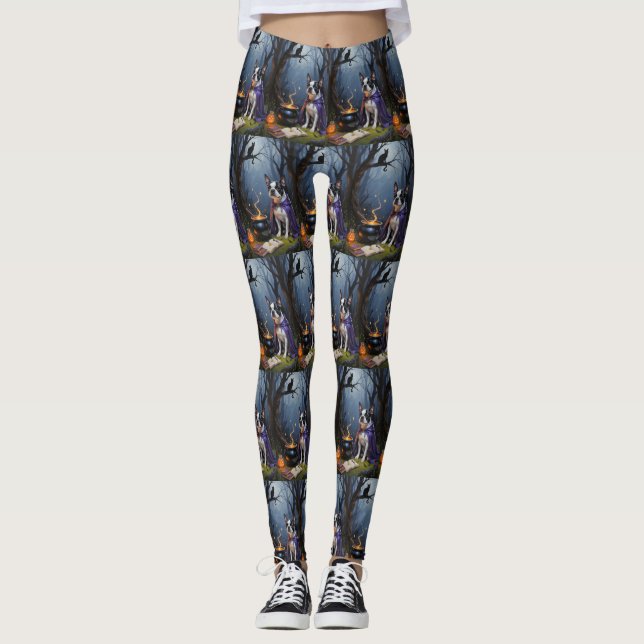 Boston Terrier Dog Whimsical Halloween Painting Leggings (Front)