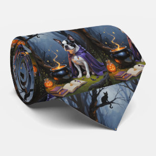 Boston Terrier Dog Whimsical Halloween Painting Tie