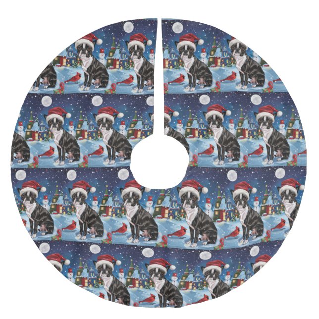 Boston Terrier Dog Winter Wonderland Christmas Joy Brushed Polyester Tree Skirt (Front)