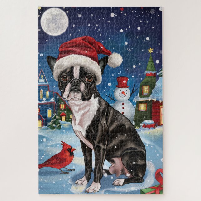 Boston Terrier Dog Winter Wonderland Christmas Joy Jigsaw Puzzle (Vertical)