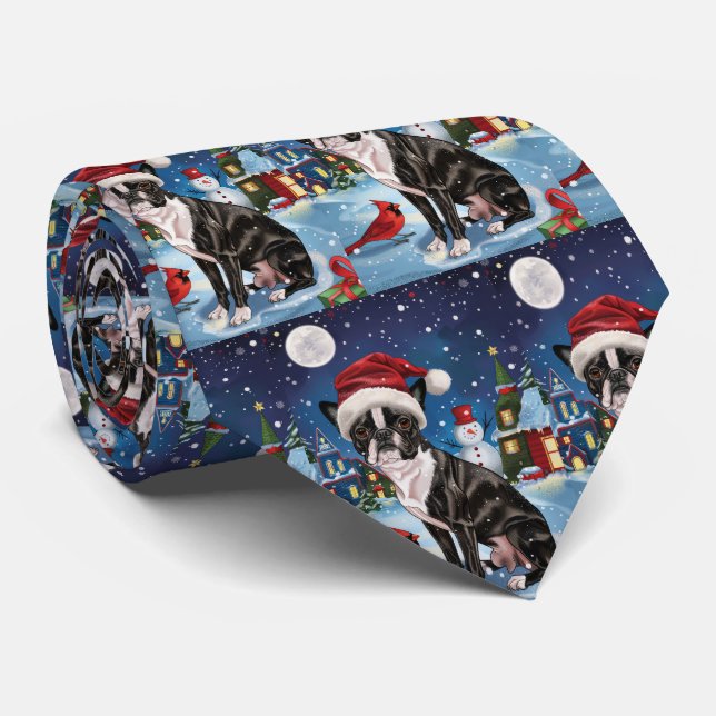 Boston Terrier Dog Winter Wonderland Christmas Joy Tie (Rolled)
