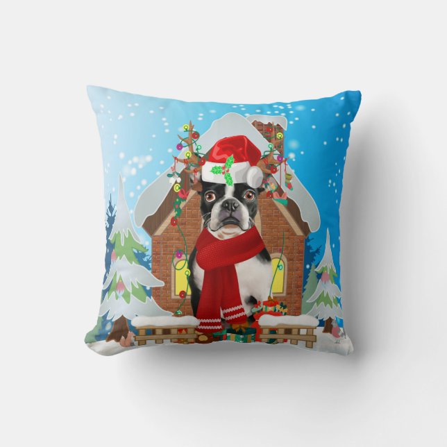 Boston Terrier dog with Christmas gifts Cushion (Front)